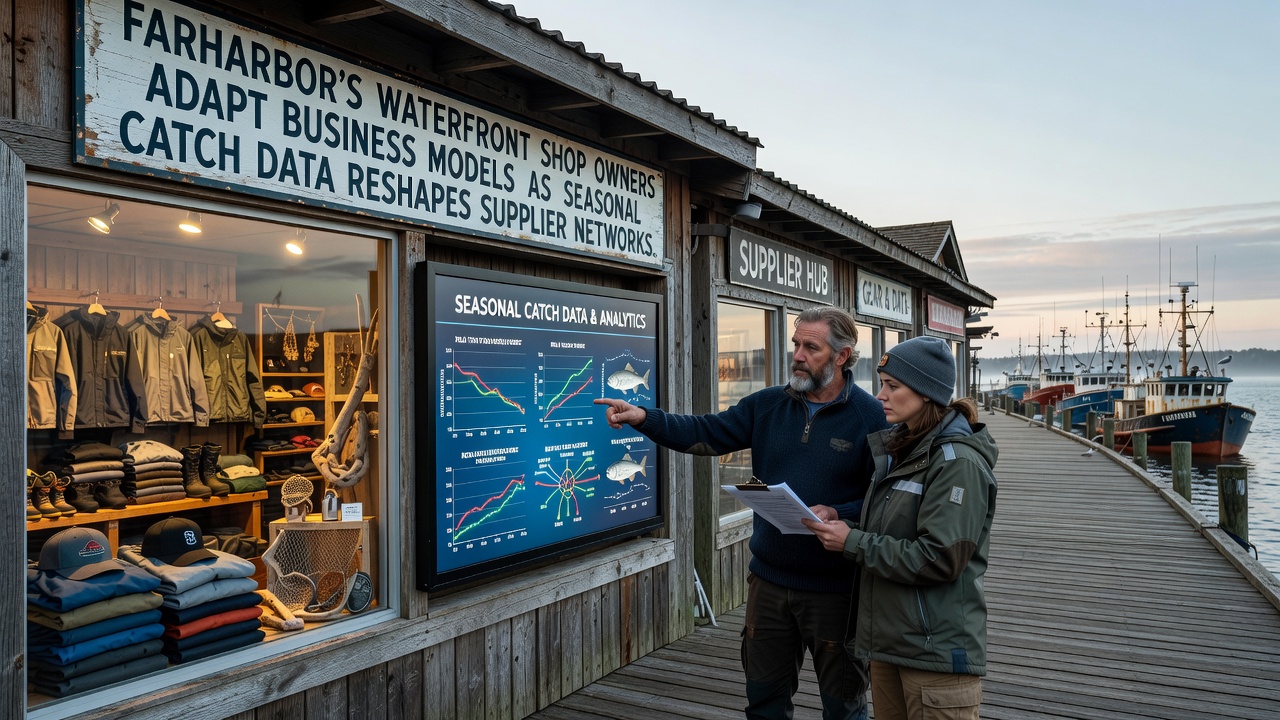 Festival vendors and shop owners reviewing catch reports together near Farharbor docks