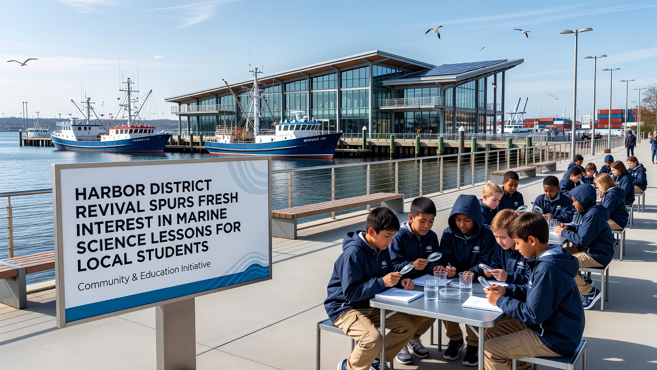 Students conducting water sampling during a marine science field lesson aboard an educational vessel in the harbor
