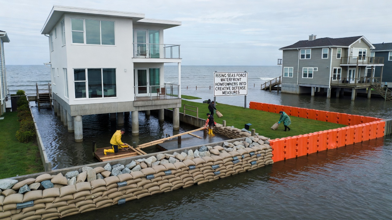 Close-up view of a living shoreline installation with native plants and structural reinforcements protecting residential lots